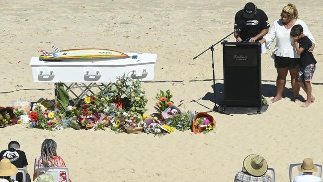 Khai’s parents and younger brother speak during his memorial for Khai Cowley. Picture: NCA NewsWire / Mark Brake