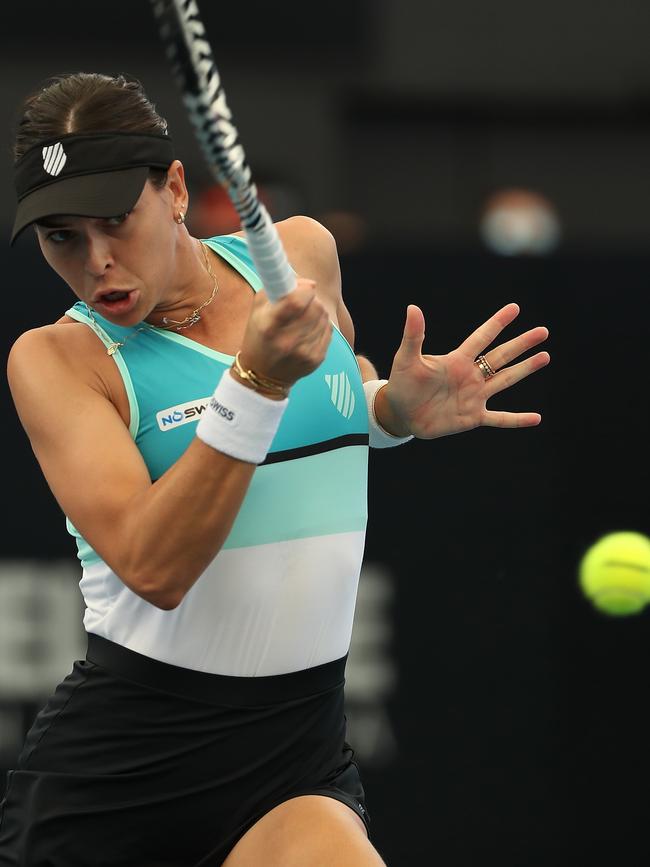 Australia’s Ajla Tomljanovic plays a forehand to Kazakstan’s Yulia Putintseva during their round-one clash at the 2020 Adelaide International at Memorial Drive. Picture: Paul Kane/Getty Images