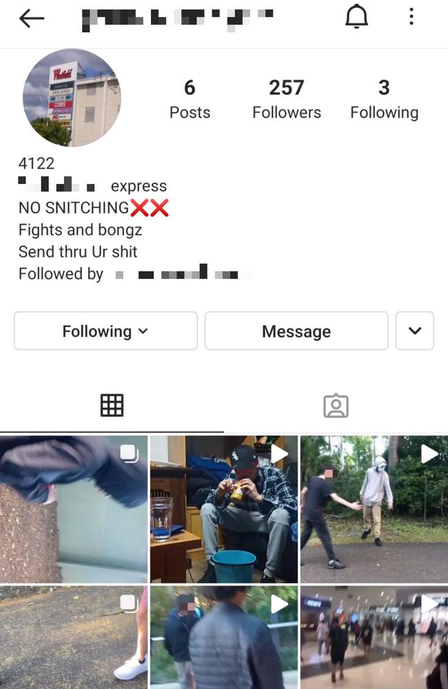 An Instagram profile featuring videos of youths, some of them wearing their school uniforms, participating in violence in and around Westfield Garden City. Picture: Instagram