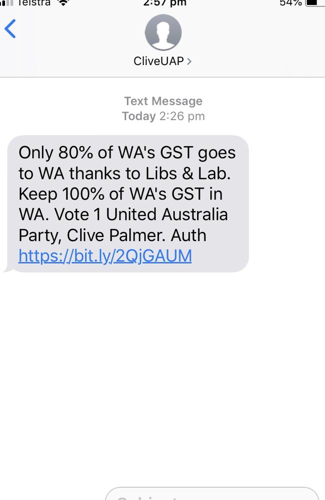 Clive Palmer is bombarding people across Australia with text messages for his United Australia Party. 