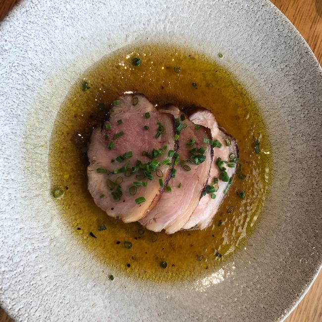 Gumshire pork loin, pepper salsa, bacon broth at Essen restaurant, Artisans of Barossa