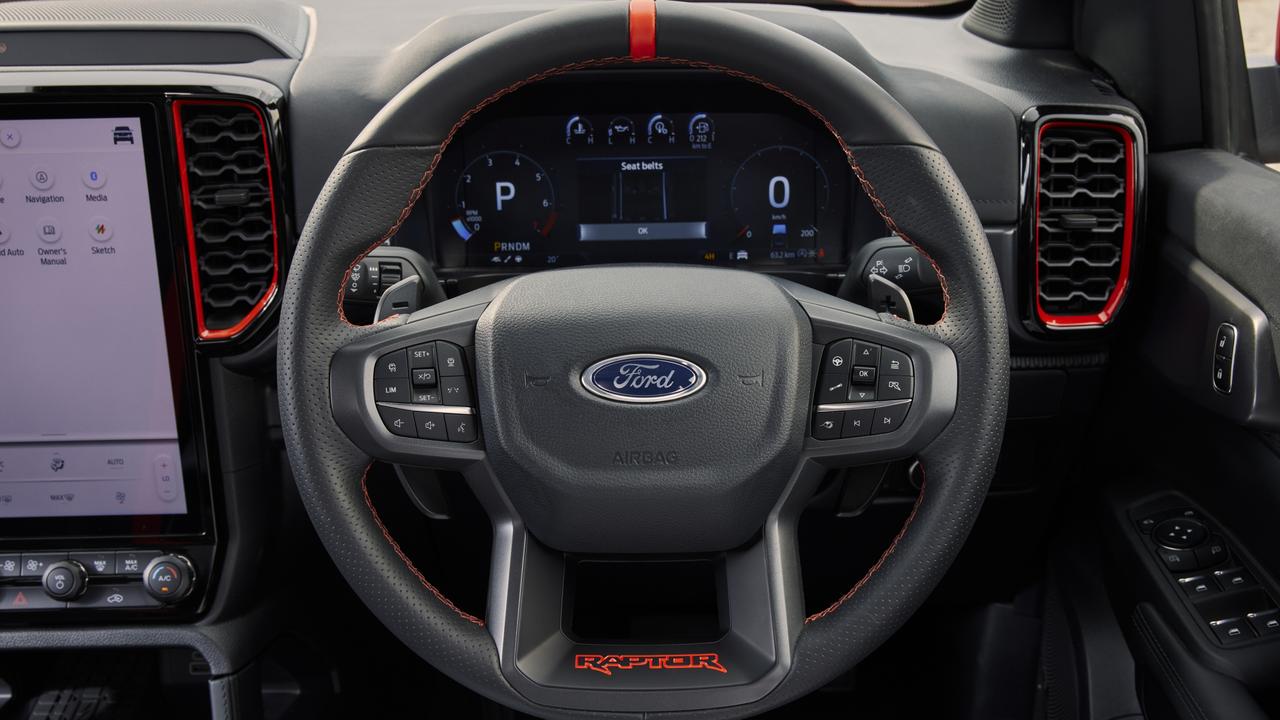 A huge touchscreen and digital dash feature inside the Raptor’s cabin.