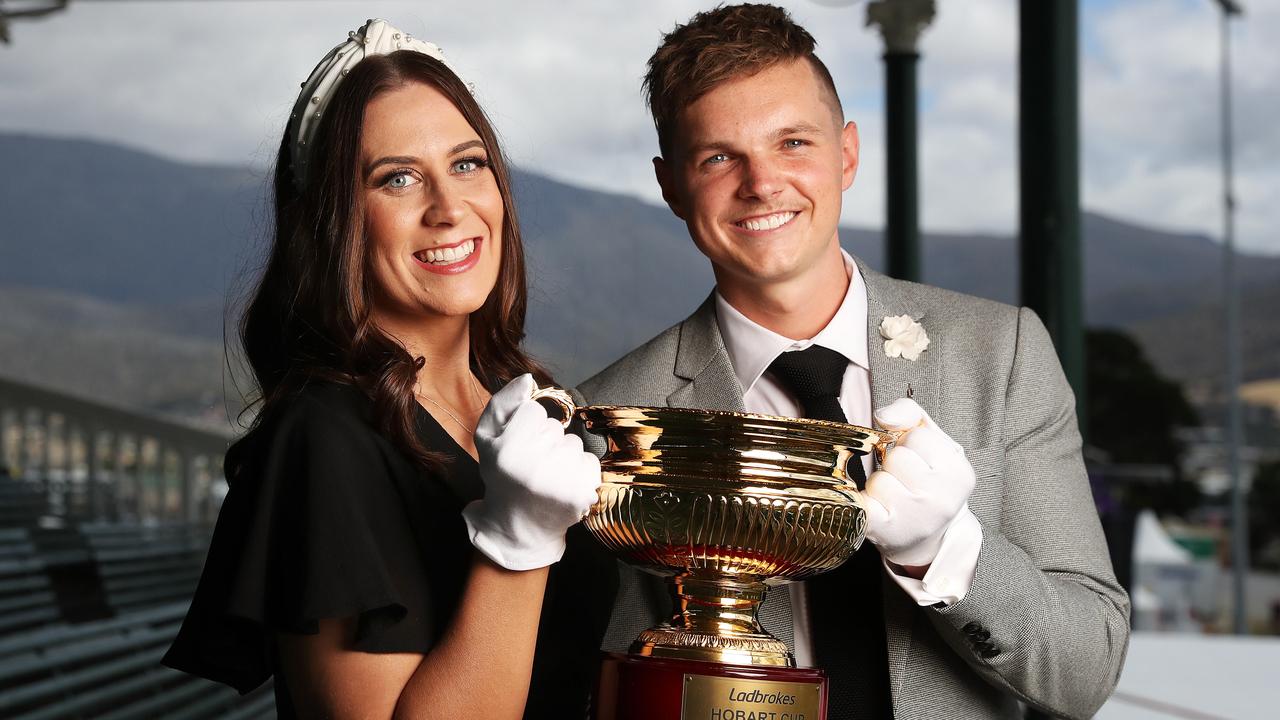 Steph Stacey and Ash Sutton Tasracing Ambassadors wtih the cup. Hobart Cup 2022 preview with Tasracing Ambassadors. Picture: Nikki Davis-Jones