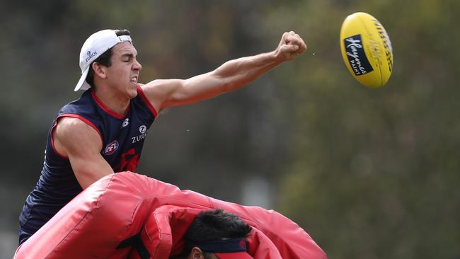 Marty Hore broke his collarbone early in Melbourne’s tense win over Carlton. Picture: David Crosling