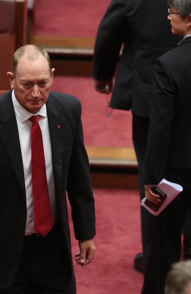 Senator Fraser Anning in the senate chamber during a division at Parliament House in Canberra this morning. Picture: Kym Smith