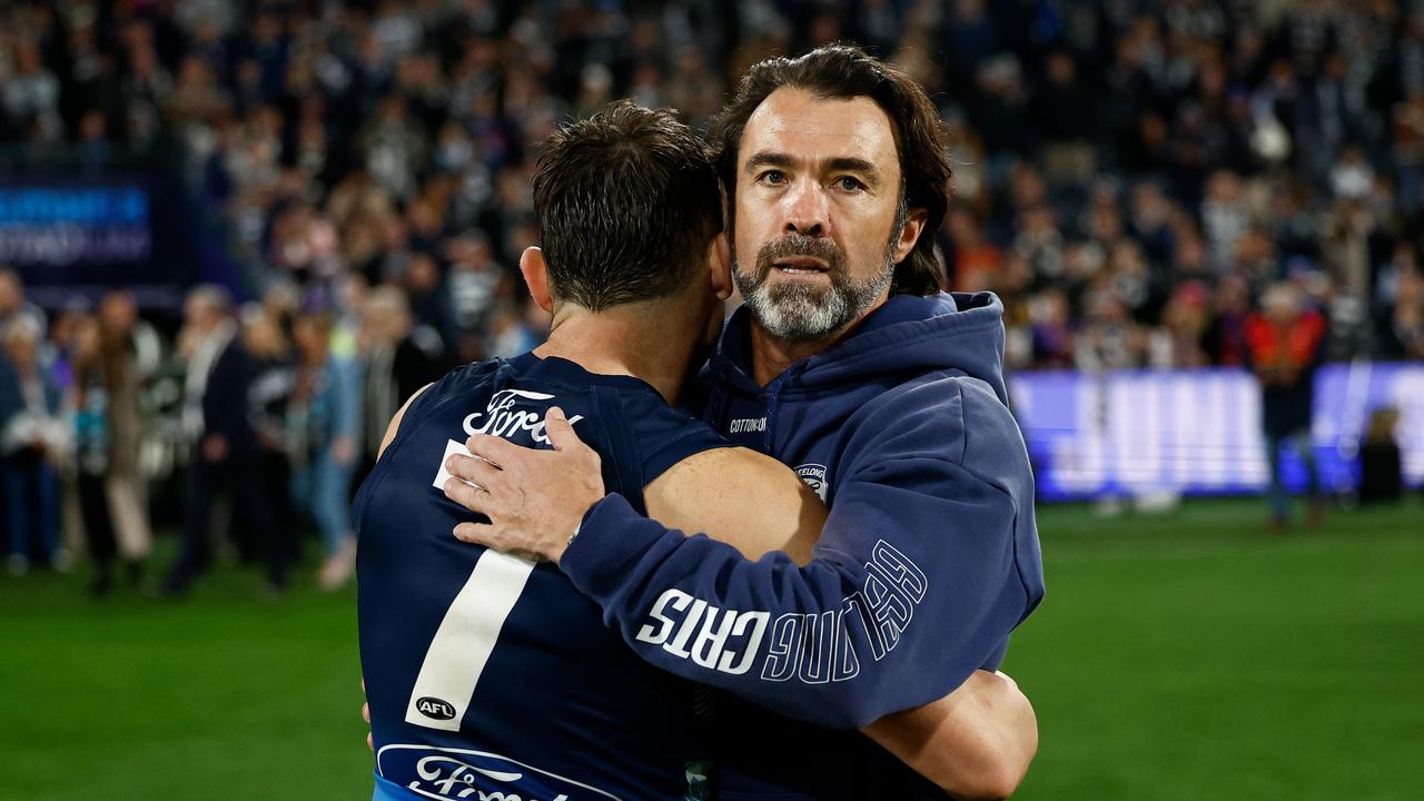 Geelong coach Chris Scott embraces Shaun Mannagh after a 14-point defeat of the Western Bulldogs. Picture: Michael Willson/AFL Photos via Getty Images.