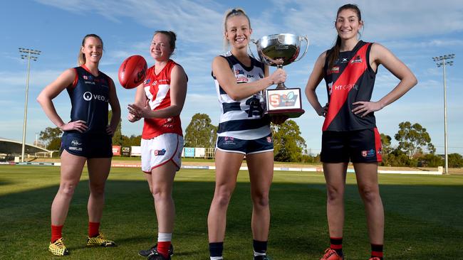 The SANFLW finals start this weekend with Norwood, North Adelaide, South Adelaide and West Adelaide preparing to contest the major round. (L-R) Ali Ferrall (Norwood), Leah Tynan (North), Sam Pratt (South) and Lauren Gee (West) at Thebarton Oval. Picture: Naomi Jellicoe