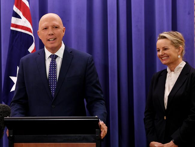 New Liberal Party leader Peter Dutton and his deputy Sussan Ley speak to media after the Liberal Party Room Meeting at Parliament House in Canberra. Picture: Tracey Nearmy