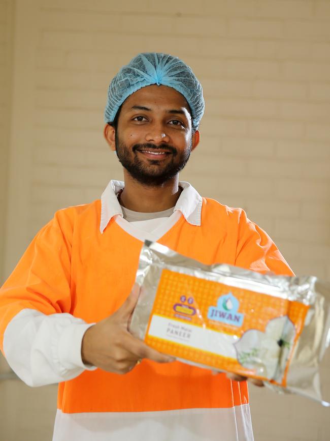 Jiwan Dairy production manager Varun Rakashi with Indian cottage cheese made at Colac in western Victoria. Picture: Yuri Kouzmin