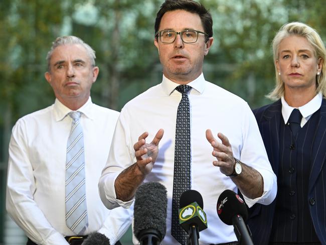 CANBERRA, AUSTRALIA  - NewsWire Photos - MAY 12, 2025: Leader of The Nationals, David Littleproud, Kevin Hogan and Bridget McKenzie hold a press conference at Parliament House in Canberra. Picture: NewsWire / Martin Ollman