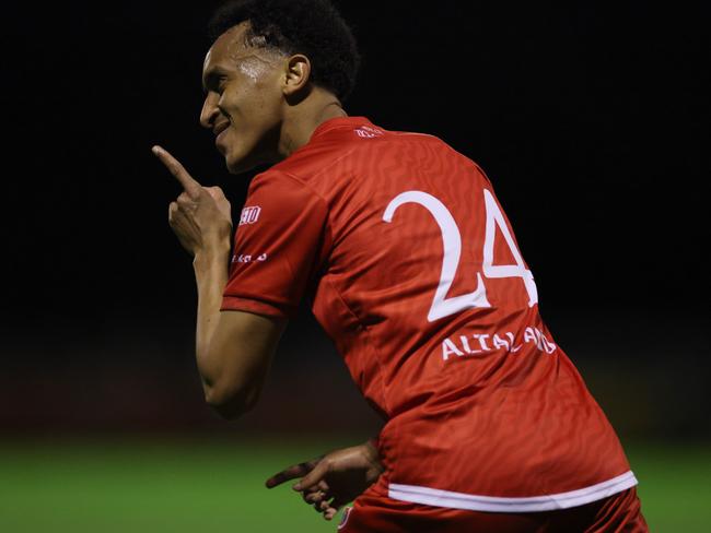 MELBOURNE, AUSTRALIA - AUGUST 27: Aamir Abdallah of Hume City celebrates kicking a goal from a corner during the 2024 Australia Cup Round of 16 match between Hume City and FC Melbourne Srbija at Hume City Stadium, on August 27, 2024 in Melbourne, Australia. (Photo by Daniel Pockett/Getty Images)