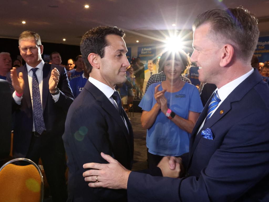 David Crisafulli greets Jarrod Bleijie at the LNP campaign launch. Picture: Liam Kidston