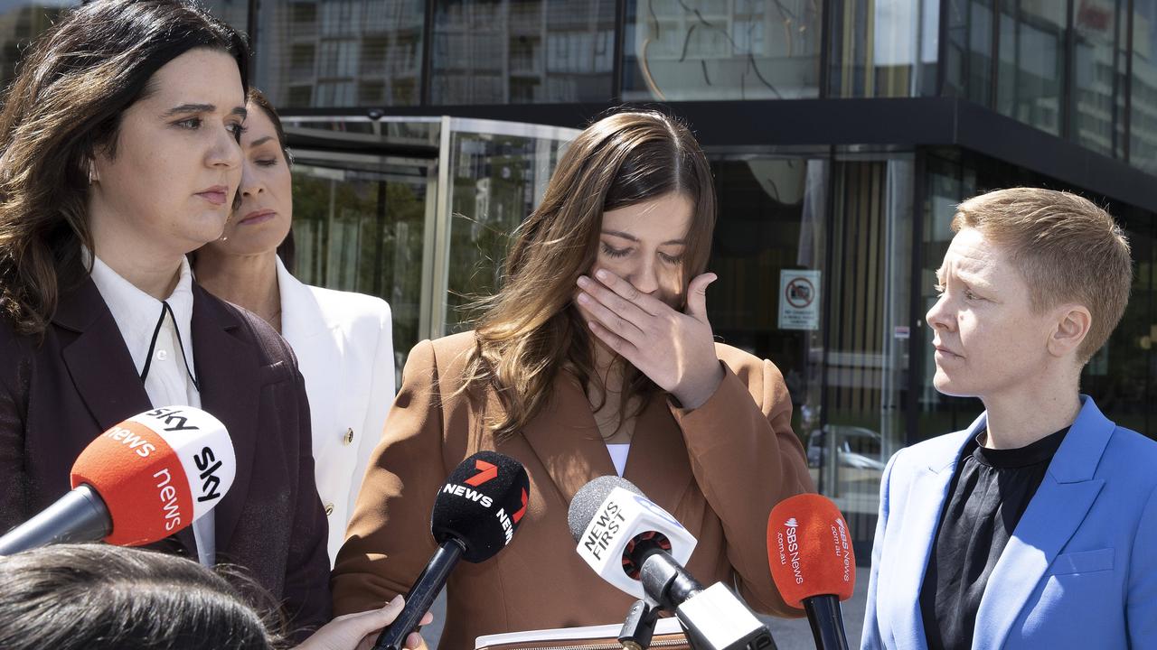 Ms Higgins gave an emotional speech outside the Magistrates Court in Canberra after the initial trial was aborted due to jury misconduct. Picture: NCA NewsWire/ Gary Ramage.