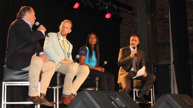 Rugby league great Terry Lamb, Olympic silver medalist Cameron Girdlestone, Women’s Rugby 7s forward Mahalia Murphy and sports commentator Bill Woods at the Western Sydney Academy of Sport's 'A Night With The Stars' fundraising dinner on March 10 at the Castle Hill RSL. Picture: Supplied