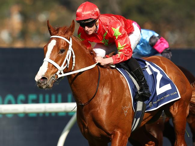 SYDNEY, AUSTRALIA - AUGUST 17: James McDonald riding Gatsby's wins Race 6 Sydney Markets Rosebud during "Rosebud Day" - Sydney Racing at Rosehill Gardens on August 17, 2024 in Sydney, Australia. (Photo by Jeremy Ng/Getty Images)