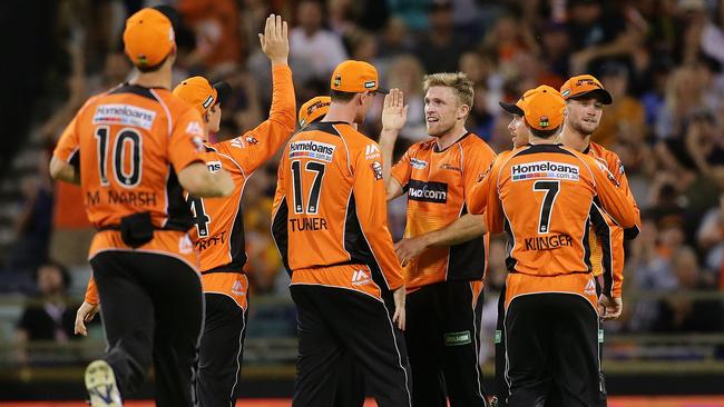 Scorchers David Willey celebrates after taking the wicket of Thunder’s Kurtis Patterson during the 2017 Big Bash in Perth. Picture: Will Russell/Getty 