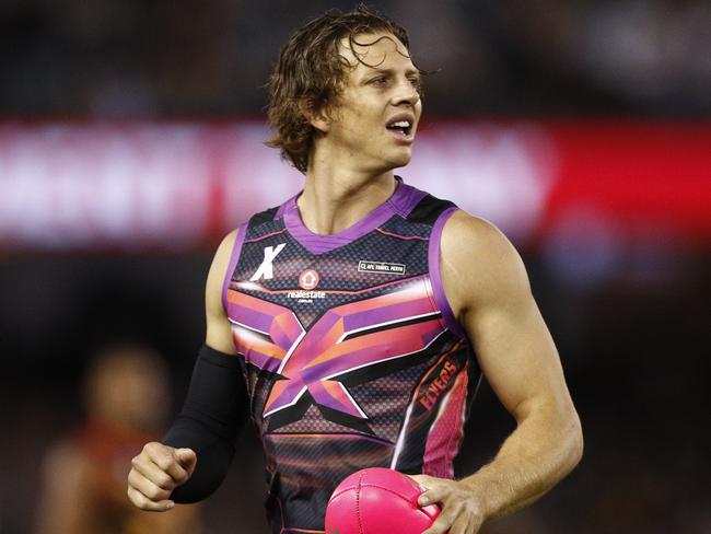 Nat Fyfe of the Flyers marks the ball during the third AFLX match between the team Deadly and the Flyers during the AFLX Melbourne tournament at Marvel Stadium in Melbourne, Friday, February 22, 2019. (AAP Image/Daniel Pockett) NO ARCHIVING, EDITORIAL USE ONLY