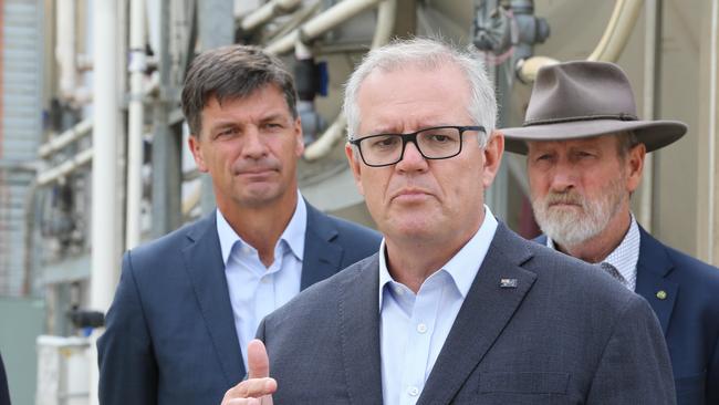 Prime Minister Scott Morrison with Energy Minister Angus Taylor (left) and Grey MP Rowan Ramsey (right), on April 18, 2021 at Jim Barry Wines in Clare, SA. Picture: NCA NewsWire / Dean Martin.