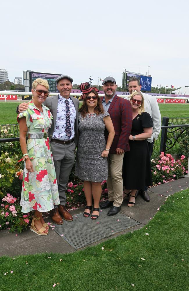 Michelle, Em, Caroline, Morgan, Chris and Dave at Seppelt Wines Stakes Day 2024 at Flemington Racecourse. Picture: Gemma Scerri