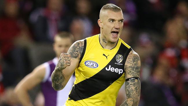 Richmond’s Dustin Martin pumps his fist after a first-quarter goal. Picture: Michael Klein