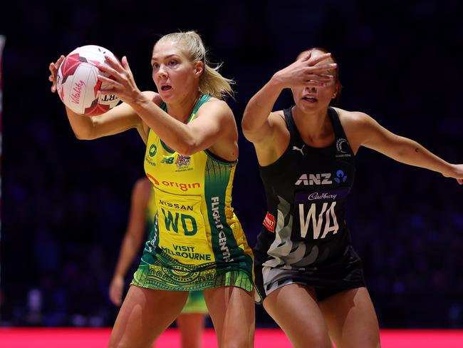 LONDON, ENGLAND - JANUARY 20: Kate Moloney of Australia Origin Diamonds holds off Mila Reuelu-Buchanan of New Zealand Silver Ferns during the Vitality Netball Nations Cup match between Australia Origin Diamonds and New Zealand Silver Ferns at OVO Arena Wembley on January 20, 2024 in London, England. (Photo by Charlie Crowhurst/Getty Images for England Netball)