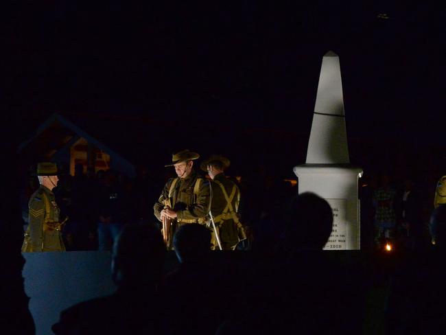 Members of the 9th Bn AIF Living History Unit at the Emu Park Anzac Day dawn service, 2017.