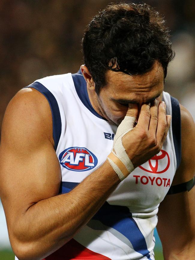 Eddie Betts wipes tears from his eyes after the West Coast match. Picture: Colleen Petch.