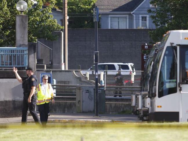 Police investigate a deadly stabbing on a Metropolitan Area Express train in northeast Portland, Ore., Friday, May 26, 2017. Picture: AP.