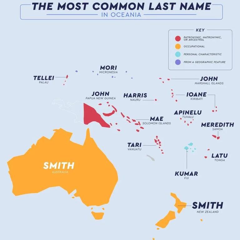 The most common last names across Oceania, which includes Australia. Picture: Net Credit