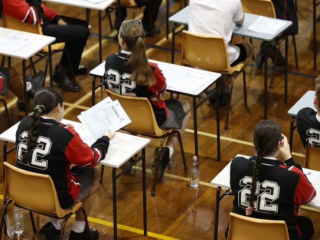 DAILY TELEGRAPH OCTOBER 12, 2022. Cherrybrook Technology High School year 12 students at the end of their English exam on the first day of the HSC for 2022. Picture: Jonathan Ng