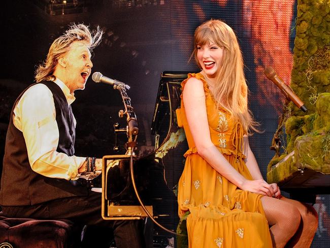 Paul McCartney (left) performing in Adelaide, 2023; and Taylor Swift performing in Cincinnati, Ohio in 2023. Pictures: MPL Communications (McCartney) and Taylor Hill/Getty (Swift). Artwork: Andrew Belousoff (4x3)