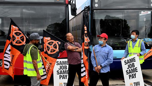 Sydney bus drivers stand at the picket-line as part of an ongoing workers’ rights dispute. Picture: NCA NewsWire / Jeremy Piper