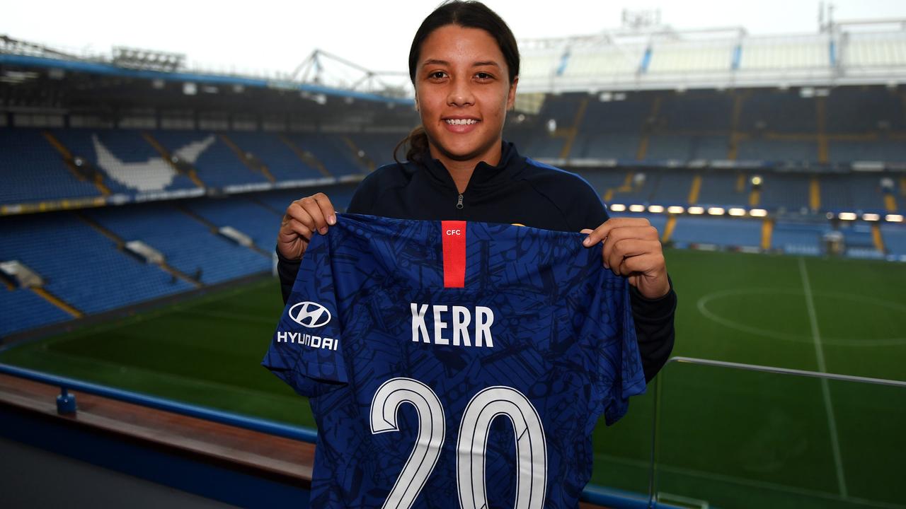 Sam Kerr pictured at Stamford Bridge after signing for Chelsea.