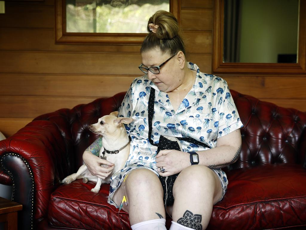 Kay Henderson at home in Coffs Harbour with Gemma. Kay has chosen to end her life on Friday though the Voluntary Assisted Dying program. Picture: Sam Ruttyn