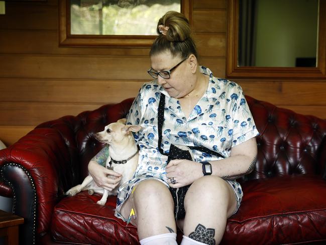 Kay Henderson at home in Coffs Harbour with Gemma. Kay has chosen to end her life on Friday though the Voluntary Assisted Dying program. Picture: Sam Ruttyn