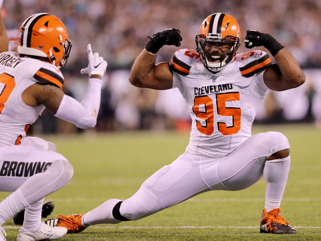 Myles Garrett celebrates one of his nine sacks from this season. Picture: Elsa/Getty Images