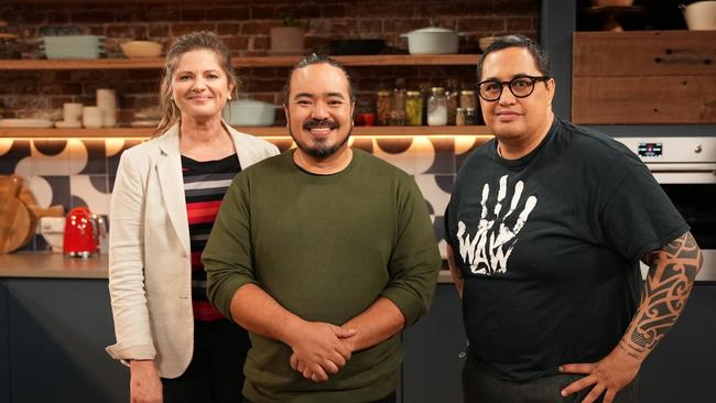 Chef Adam Liaw with Julia Zemiro and Morgan McGlone for season two of the SBS cooking show The Cook Up.