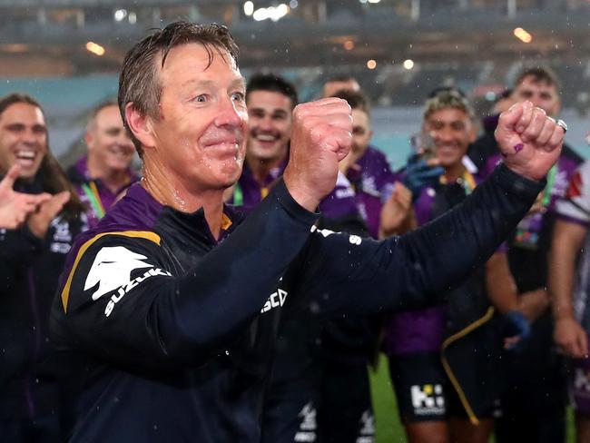 SYDNEY, AUSTRALIA - OCTOBER 25:  Storm coach Craig Bellamy has Gatorade poured over him after winning the 2020 NRL Grand Final match between the Penrith Panthers and the Melbourne Storm at ANZ Stadium on October 25, 2020 in Sydney, Australia. (Photo by Cameron Spencer/Getty Images)