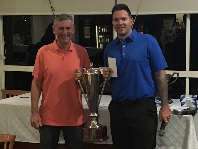 Sponsor David Zonca (left) presents winner Dylan Parish with the prizes City of Rockhampton Open trophy.