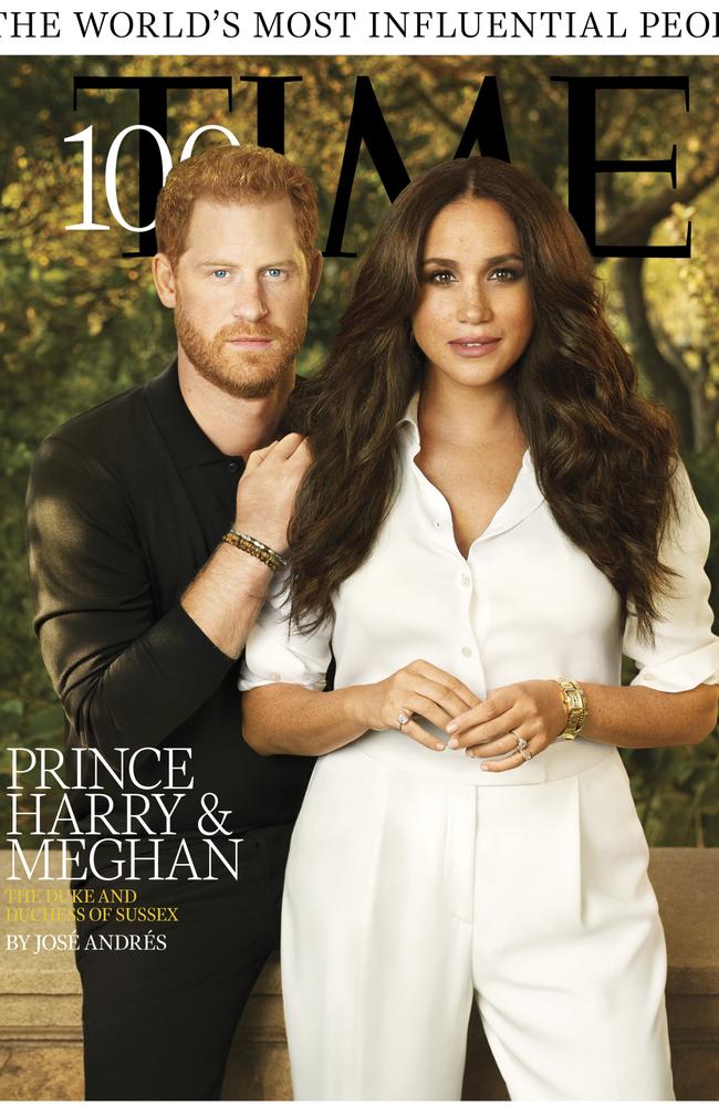 Prince Harry and Meghan Markle’s TIME cover. Picture: TIME/TIME100/Pari Dukovic for TIME