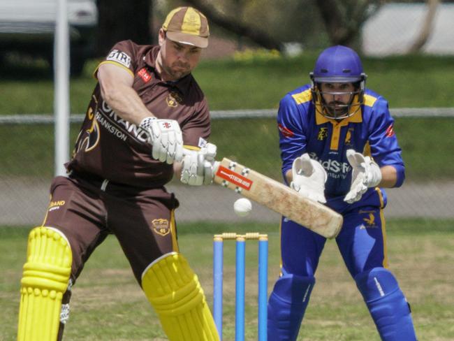 MPCA cricket Peninsula : Somerville v Heatherhill. Heatherhill batsman M. Bishop and  Somerville keeper J. Barbour. Picture: Valeriu Campan