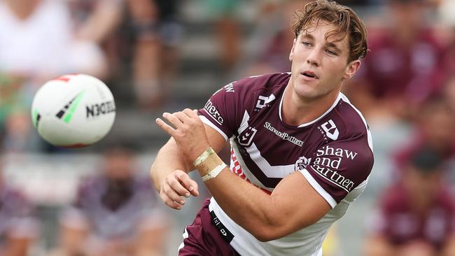 GOSFORD, AUSTRALIA - FEBRUARY 11:  Jamie Humphreys of the Sea Eagles passes during the NRL pre-season trial match between Manly Sea Eagles and South Sydney Rabbitohs at Industree Group Stadium on February 11, 2024 in Gosford, Australia. (Photo by Matt King/Getty Images)