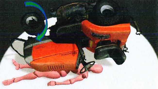 A prosecution expert’s recreation of Frances Crawford’s body under the mower based on the accused’s account. Picture: Brisbane Supreme and District courts