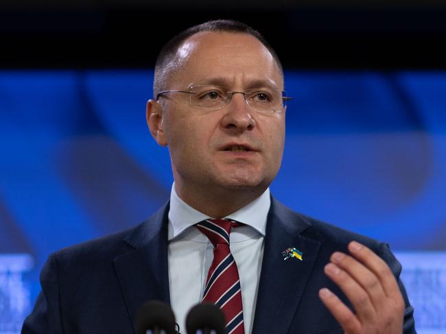 CANBERRA, AUSTRALIA - NewsWire Photos FEBRUARY 24, 2023: An emotional Ambassador of Ukraine to Australia & New Zealand, H.E. Vasyl Myroshnychenko, during his address to the National Press Club of Australia, in Canberra.Picture: NCA NewsWire / Gary Ramage