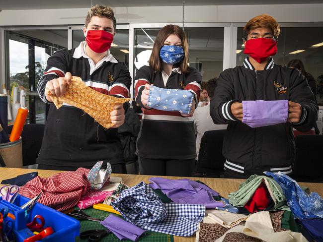 Students at Melba College in Croydon, Melbourne, with masks. Picture: Daniel Pockett