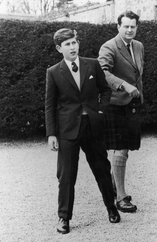 Prince Charles arrives at Gordonstoun School in Scotland for his first term, and is shown around by Captain Iain Tennant, chairman of the board of governors. Picture: Central Press/Getty Images