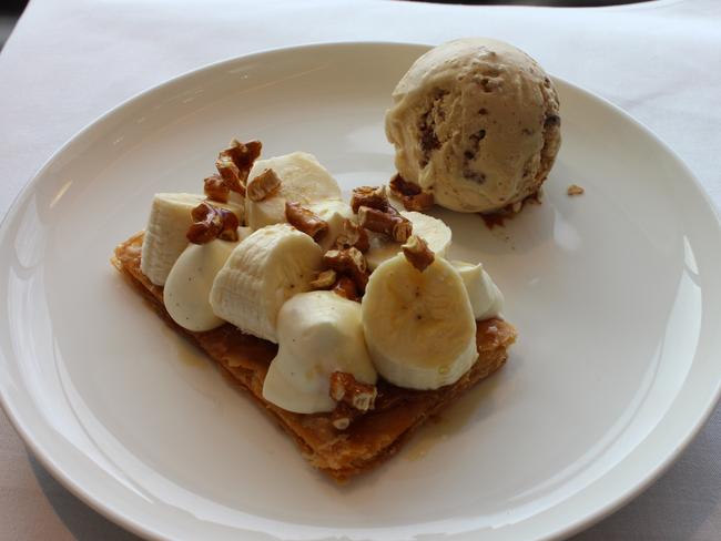 A dessert of banana and maple tart with dulche de leche, salted pretzel praline and banana bread gelato to finish off.