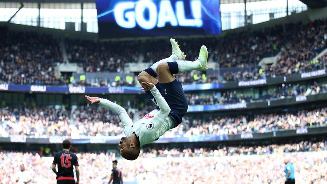 Lucas Moura celebrates scoring his second goal against Huddersfield. Picture: Getty Images.