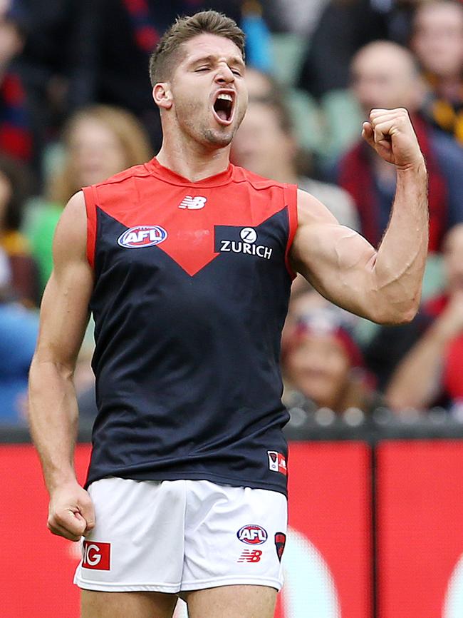 Jesse Hogan celebrates a goal. Picture: Michael Klein