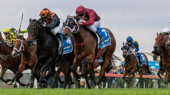 Climbing Star (right) fought on gamely to win the Group 1 Robert Sangster Stakes at Morphettville. Picture: Makoto Kaneko